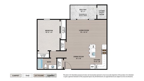 Floor plan for 1 bed, 1 bath, 890 sqft